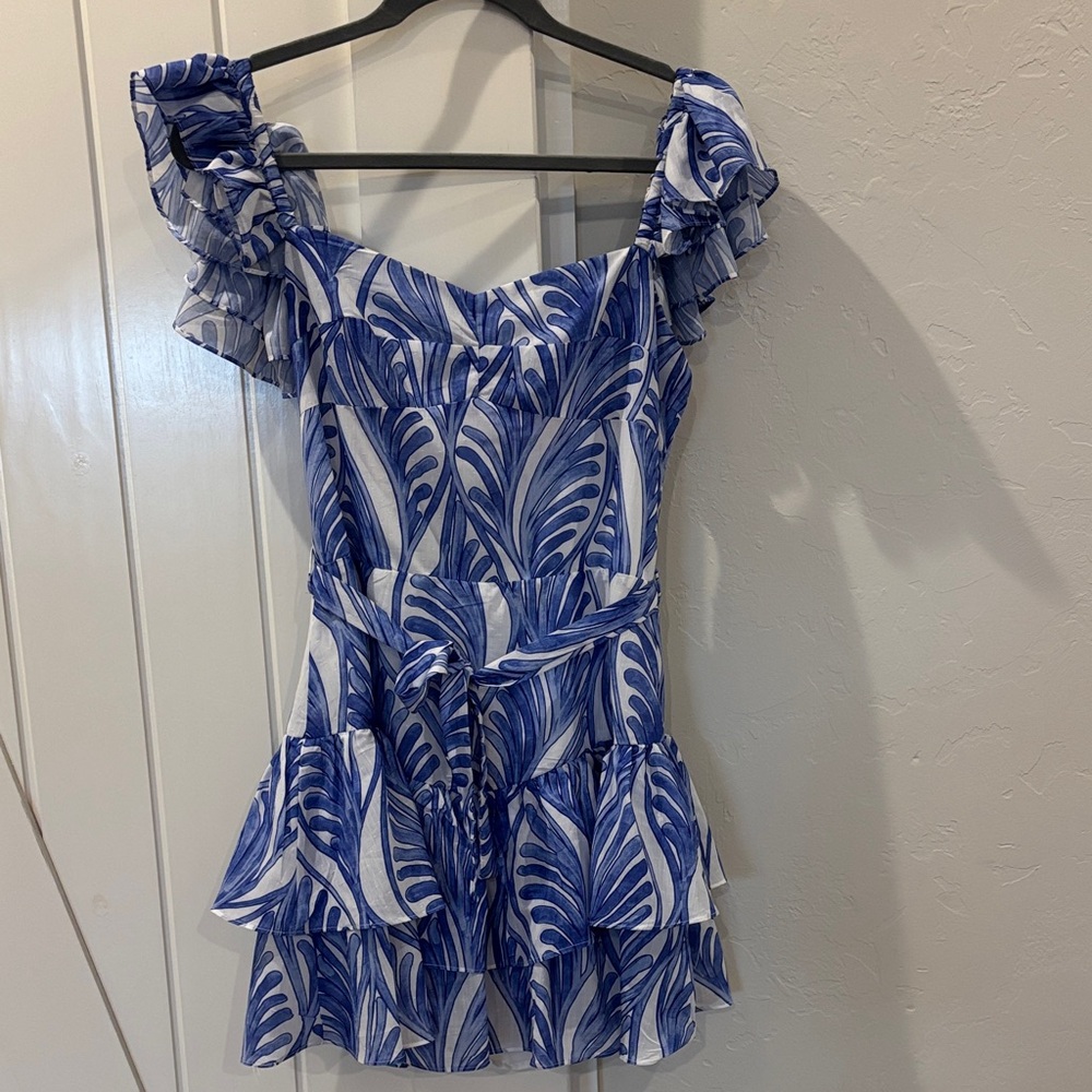 Blue and White Leaf Print Ruffle Dress